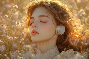 Young Woman with Headphones Relaxing in Wildflower Field at Sunset

