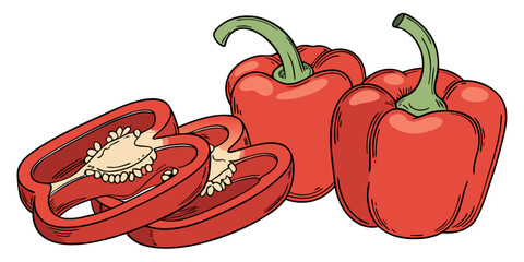 Red bell peppers, whole and sliced, displayed on white background as a set or group vector illustration.