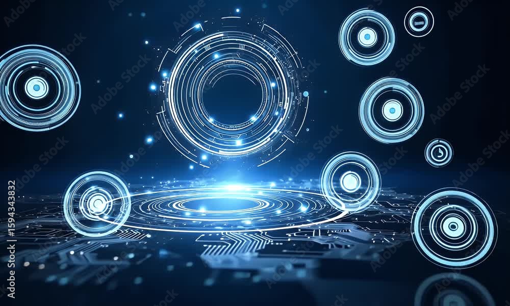 Aufkleber abstract futuristic blue background with glowing digital technology and circuit board elements in th