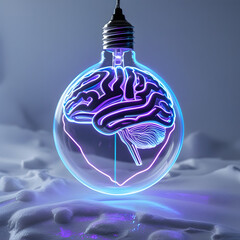 glowing lines around the brain with effect of neon light bulb