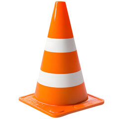 Bright orange traffic cone with white stripes isolated on transparent background