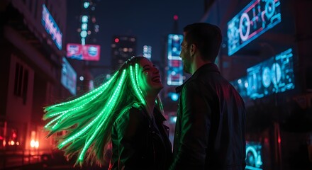 A dreamy romantic night walk, the cyberpunk girl’s long LED-lit hair flowing behind her as she laughs with her partner.