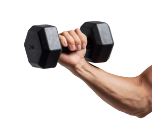 A man is holding a dumbbell with the number 20 on it