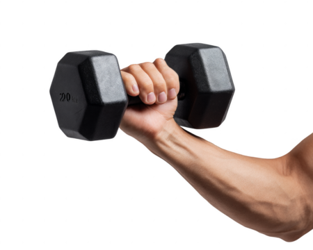A man is holding a dumbbell with the number 20 on it