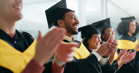 Ceremony, clapping and students with celebration, graduation and cheering with achievement....
