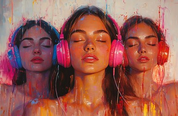 Three Women Immersed in Music with Colorful Headphones and Paint

