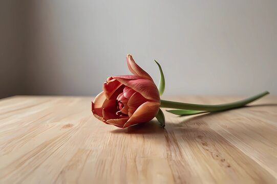 red tulips on wooden background