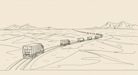 Obraz premium Trucks Moving Across a Desert Landscape Sketch Illustration