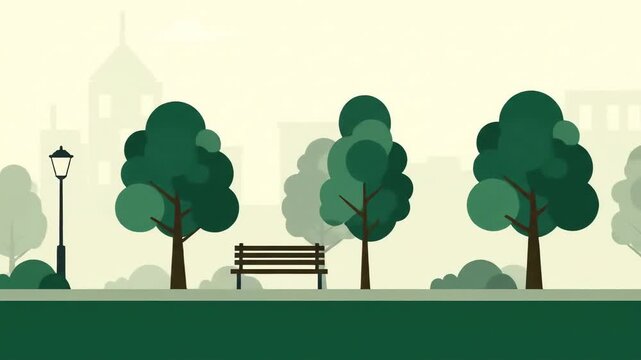 Park scenery with trees, bushes, bench and a lamppost in flat design. Animated flat design in shades of green. Urban animation landscape, parallax effect.