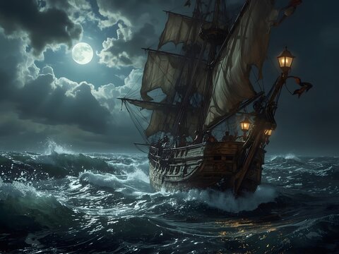 a 15th-century pirate ship navigating a stormy ocean under a moonlit sky