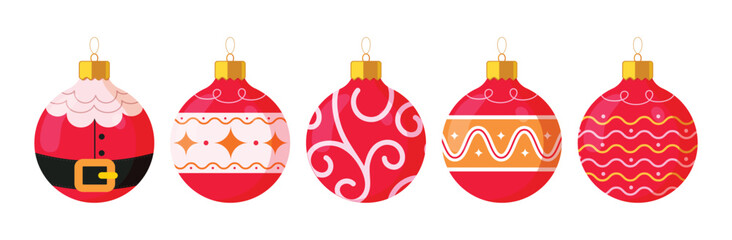 A set of red Christmas baubles with various holiday designs including Santa suit, swirls, and stars. Ideal for festive themes, greeting cards, and seasonal decorations.