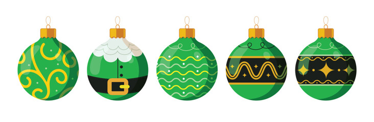 A collection of green Christmas baubles with playful designs including elf suit, stars, swirls, and waves. Great for holiday decorations, greeting cards, and seasonal digital projects.