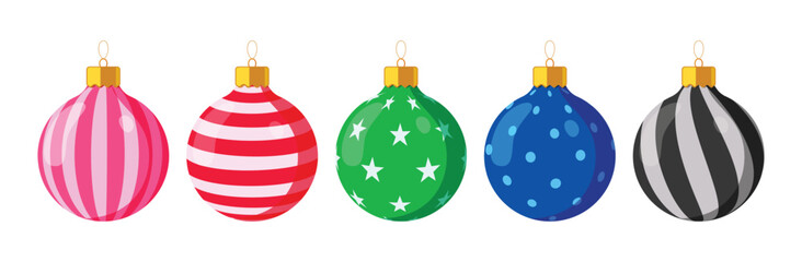 A festive set of Christmas ornaments with unique patterns including vertical and horizontal stripes, stars, polka dots, and swirls. Great for seasonal decorations, cards, and digital designs.