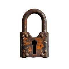 A rusty old padlock isolated on white background