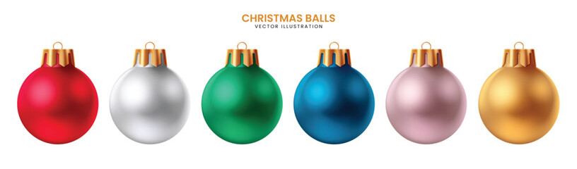 A set of realistic vector Christmas ornaments in red, silver, green, blue, pink, and gold with a glossy metallic finish. Ideal for luxury holiday designs, cards, and festive promotions.