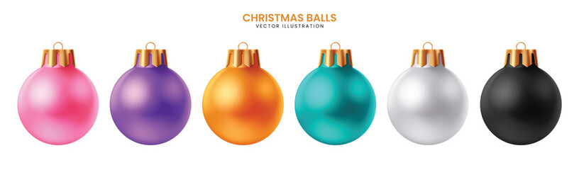 Set of realistic glossy Christmas baubles in pink, purple, orange, teal, silver, and black. Perfect for luxury holiday cards, branding, decor, and elegant seasonal design projects.