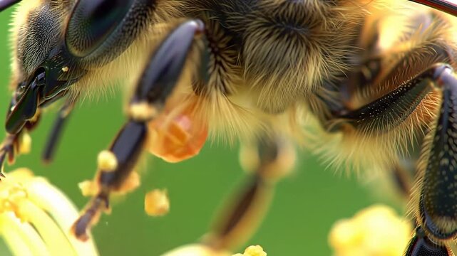 A bee up-close, showing its eye, fuzzy body, legs, pollen sac, on a yellow flower
