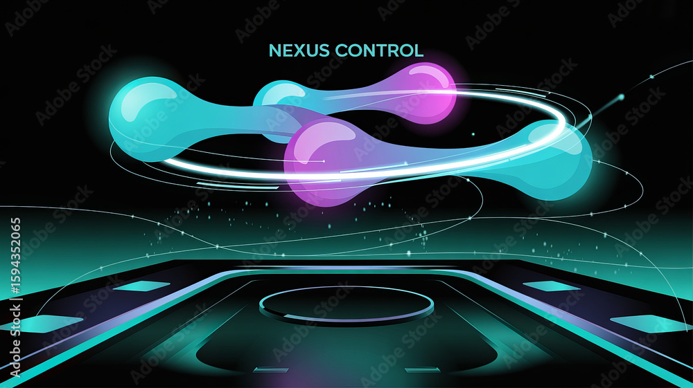Poster nexus control: an intricate abstract graphic shows the concept of nexus control with an animated fut