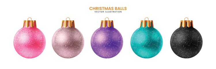 A set of realistic glittery Christmas baubles in pink, bronze, purple, teal, and black with a sparkling texture. Great for premium holiday cards, seasonal designs, and elegant festive visuals.