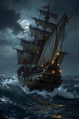 Obraz premium a 15th-century pirate ship navigating a stormy ocean under a moonlit sky