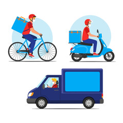 Delivery Vector Illustration Efficient Express Free Shipping for Online Shop & E-commerce with Courier Services Bike, Motorcycle, Truck, Handcart