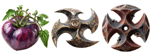 Unique Purple Tomato with Decorative Ninja Star Designs on Transparent Background