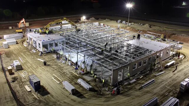 Aerial view shows nighttime construction of a modular building's framework