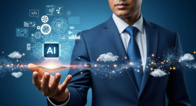 A businessman holds a floating AI processor with a holographic interface, connecting to the cloud. This image symbolizes the power of artificial intelligence in business, data analysis, and automation
