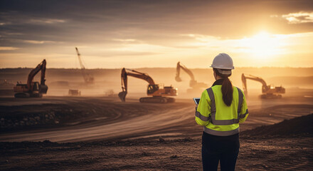 Female engineer supervising excavation work at sunset with a tablet. Suitable for construction, engineering, technology, and project management concepts.