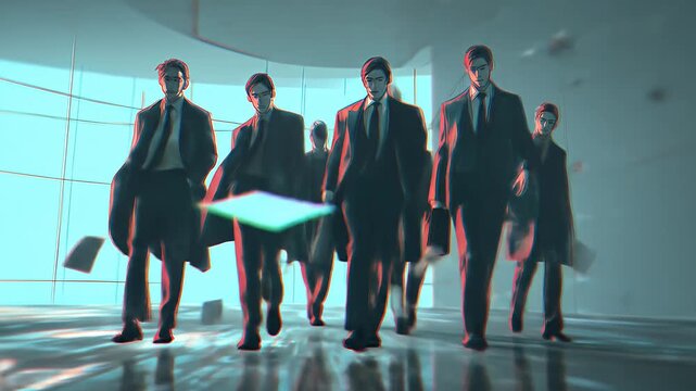 Businesspeople walking forward in a modern office interior illustration
