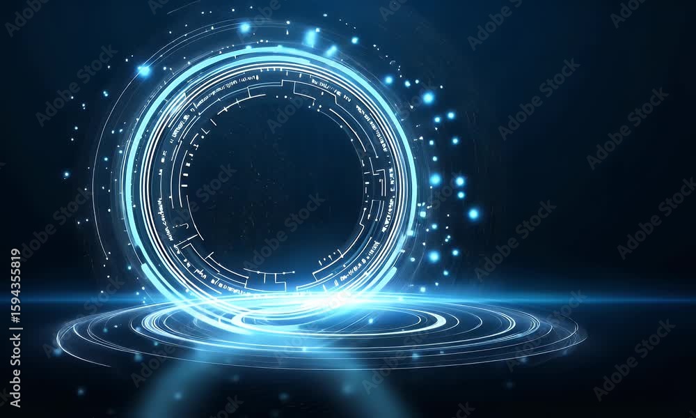 Poster abstract futuristic blue background with glowing digital technology and circuit board elements in th