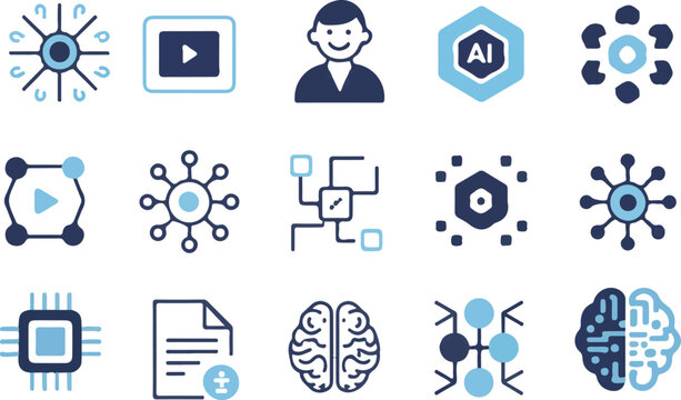 Artificial Intelligence & Neural Network Vector Icon Set &ndash; Data, AI, Chip, and Brain Icons

