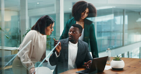 Teamwork, talk or business people on laptop for economic news or investment advice. Collaboration, project or financial manager with women in meeting for profit, accounting report or finance budget