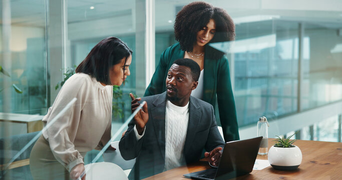 Teamwork, talk or business people on laptop for economic news or investment advice. Collaboration, project or financial manager with women in meeting for profit, accounting report or finance budget