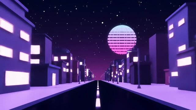 Retro city at night. Moon with horizontal lines and neon colors. Dark street with lighted buildings. 80s style. Synthwave animation, parallax effect.