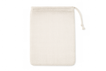 Small, empty, white, reusable mesh bag with drawstring closure, isolated on transparent background