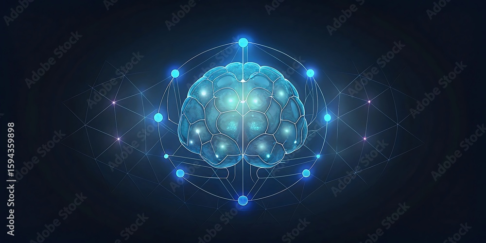 Poster a glowing digital brain with interconnected nodes represents artificial intelligence.