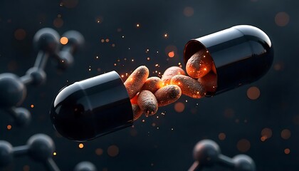 Black capsule releasing golden medicine, pharmaceutical concept for health care, wellness, and medical treatment.