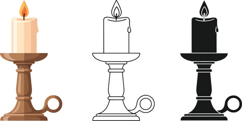 Candle holder vector illustration set of burning candle in candlestick isolated on white background editable