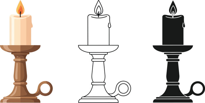 Candle holder vector illustration set of burning candle in candlestick isolated on white background editable