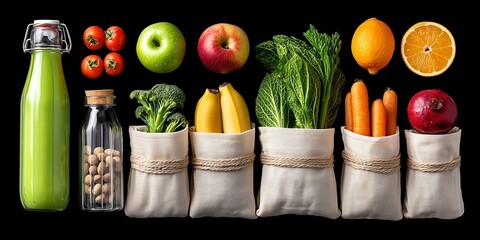 A zero waste grocery haul with fresh produce in reusable packaging