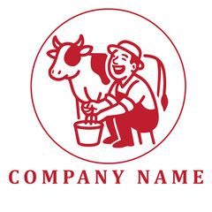 Artistic black and white line drawing logo of a male cattle farmer laughing while milking a cow, blending minimal style with bold contrast and lighthearted farm charm.
