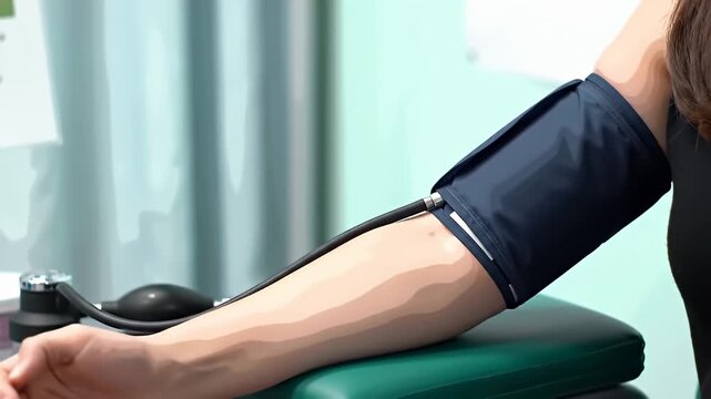 Arm getting blood pressure checked with cuff on a green bed against blurred background