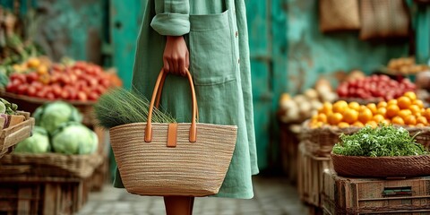 A woman in a linen dress shops for herbs at a rustic outdoor market