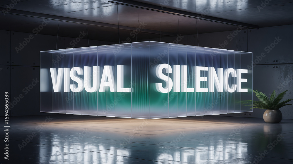 Poster visual silence illuminated: a luminous transparent structure within a modern interior, artfully disp