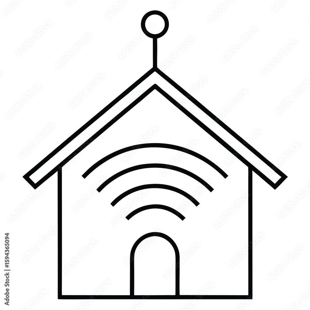 Poster simple outline icon of a house with wiifi signal waves emanating from the center symbolizing smart h
