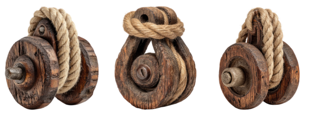 Vintage Wooden Pulley Systems with Rope on Transparent Background