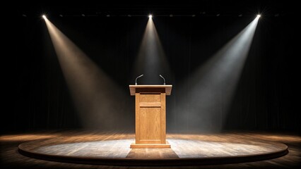 Minimalist wooden podium under spotlight on dark stage with copy space.