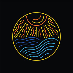Monoline Emblem Sun and Wave Logo Design Circle Emblem Vector
