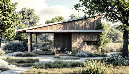 Modern wooden cabin with slanted roof in a natural landscape, surrounded by trees and grasses under soft daylight. Peaceful and eco-friendly architectural design.
